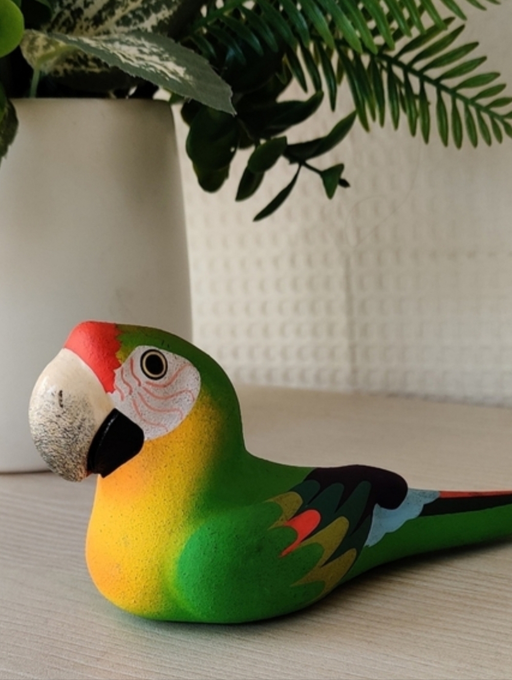 Vintage Vibrant Green and Yellow  McCaw Parrot Ceramic Figurine from Costa Rica